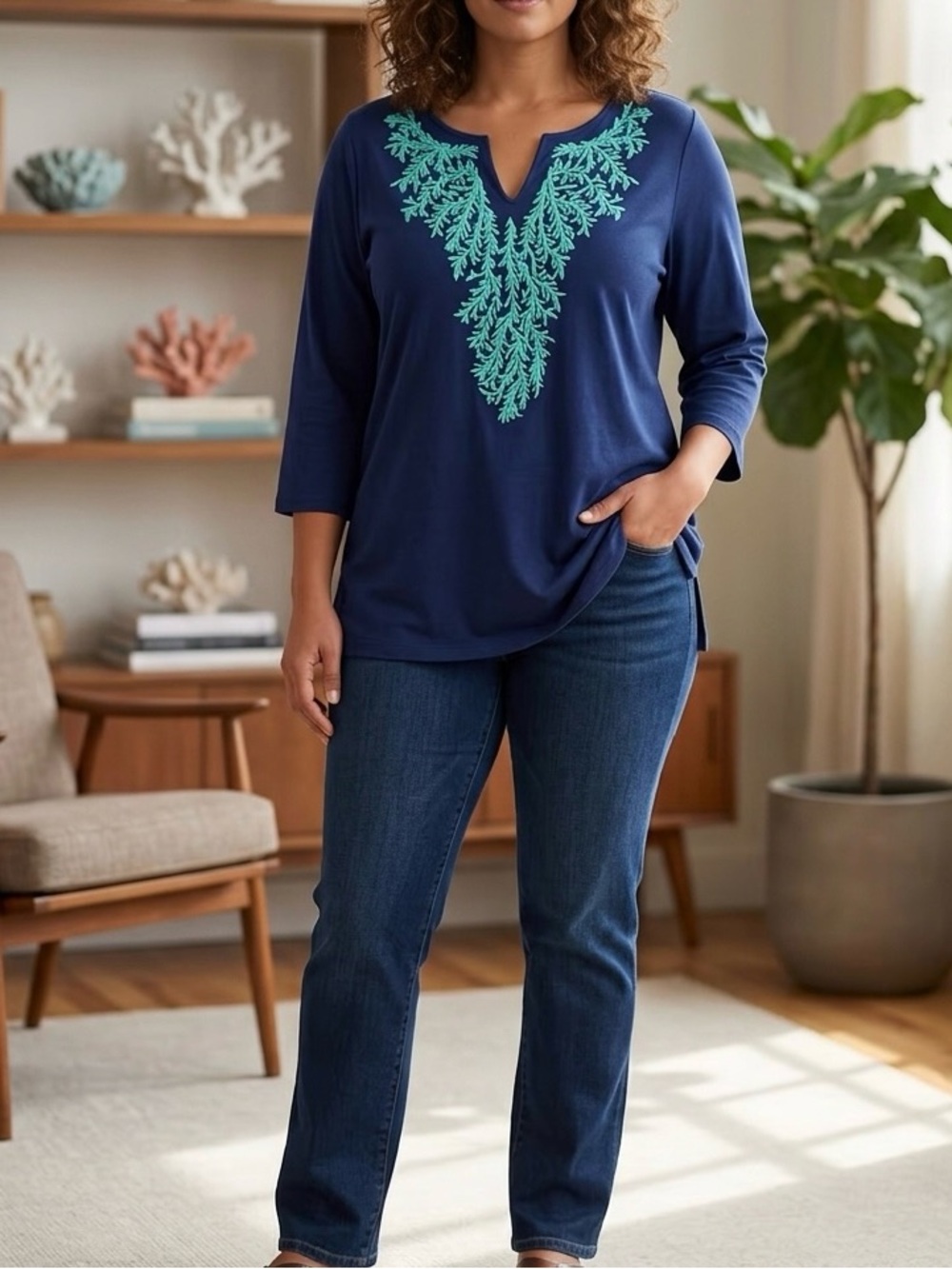 Quacker Factory Navy Tunic Top 3X Green Soutache Leaf Coral Embroidery V-Neck